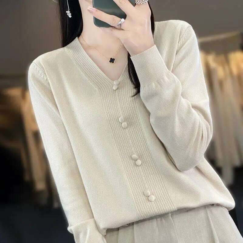 Fashion V Neck Button Detail Knit Sweater Versatile Long Sleeve Pullover Top Z260313