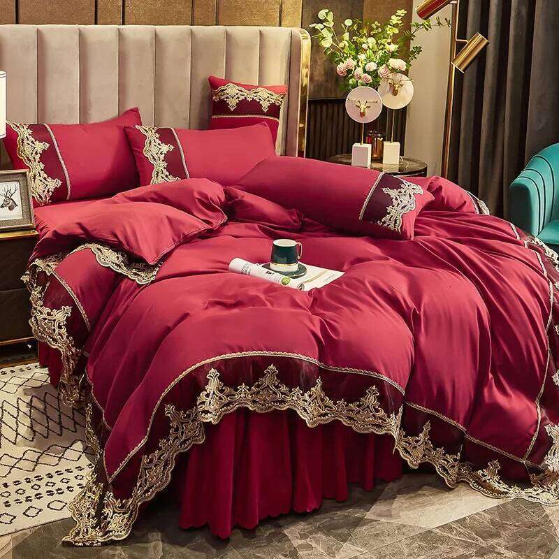 Skincare Polished Light European Style Embroidery Solid Color Lace Bed Skirt Four Piece Set H260312 - view 4