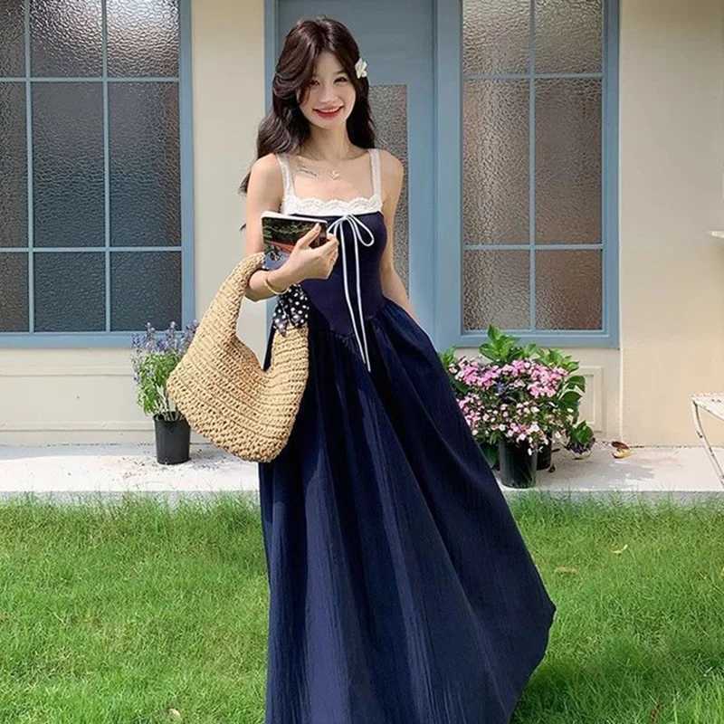 Women Navy Blue Contrast Maxi Dress Lady Lace Trim Square Neck Casual Summer Vacation Dress Female Sleeveless Comfort DressT260314