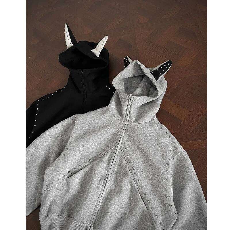 Tide Street Rivets Ear Design Zipper Jackets Punk Style Men's Hoodie Jacket Loose Fit Couple Hooded Cardigan Z260314
