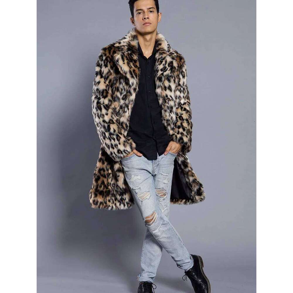 2022 Autumn Winter Large Lapel Long Faux Fur Jacket Men's Overcoat Mens Clothing Leopard Thick Coat Z260313