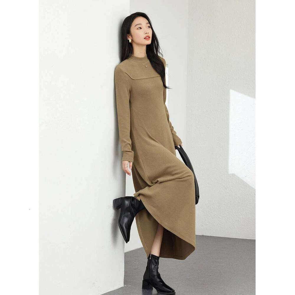 VIMLY Long Knit Woman French Half High Collar Evening Dresses 2025 Winter Office A-line Slim Fit Lady Dress M9155 Z260313