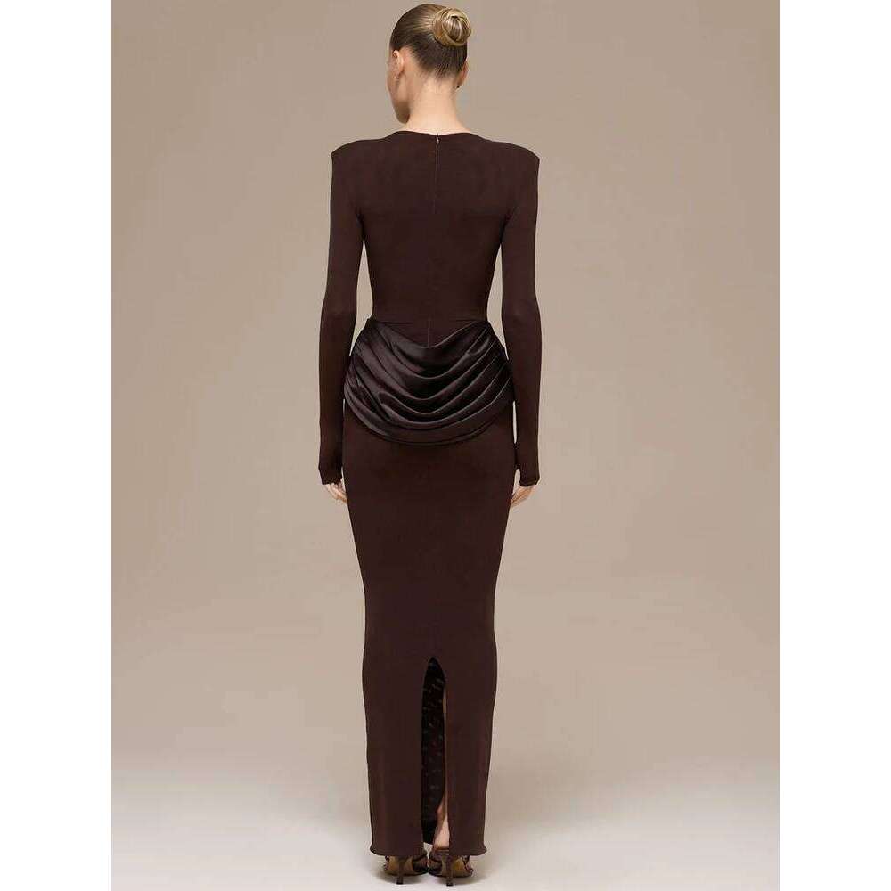 JULISSA MO Long Sleeve Round Neck Women Maxi Coffee Patchwork Satin Slit Autumn Winter Slim Elegant Party Club Dress Z260314