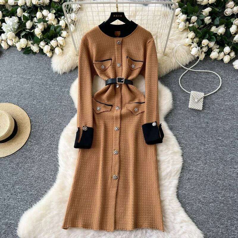 Elegant Knitted Slim Fit Autumn Clothing Women Full Sleeve Split Midi Dresses OL Style Pullovers Sweater Dress Robe Femmes Z260314