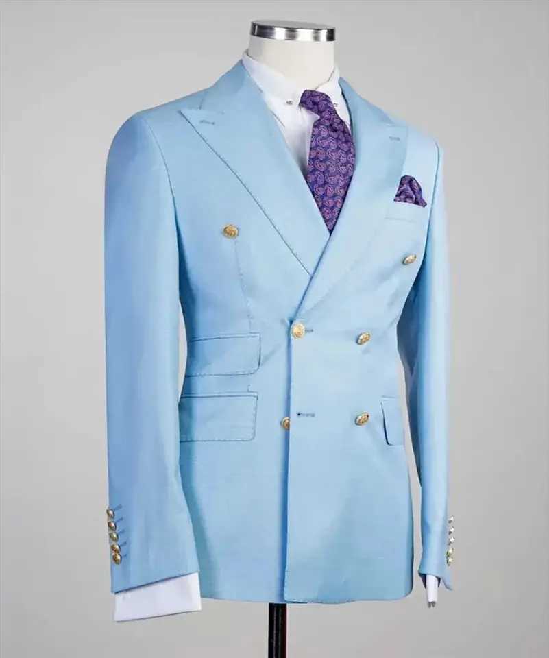Sky Blue 2024 Wedding Business Blazer for Men Casual Plaid Peak Lapel Suit Jacket Formal Male Fashion Coat for Party Prom M260313