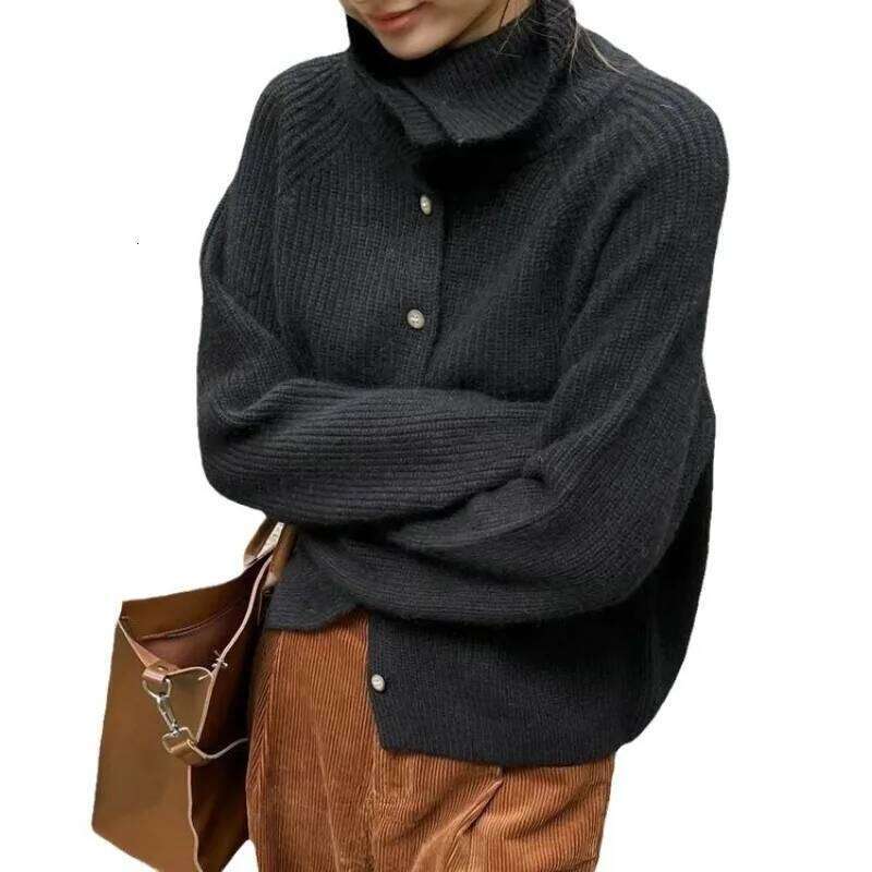 Women'S Stand Collar Cardigan Sweater Elegant Vintage Ribbed Long Sleeves Knitted Jumper Single Breasted Clothes Autumn Winter Z260313