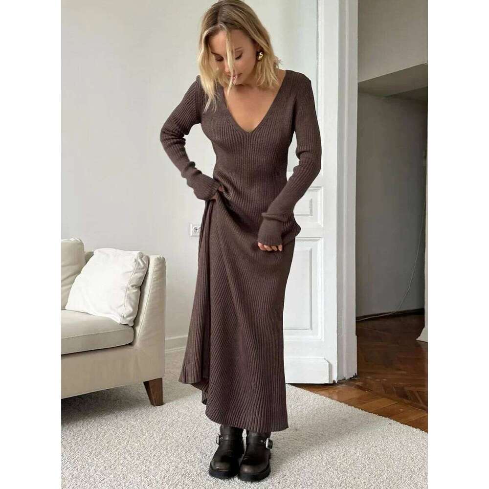 Blubelle Women's New Solid Color Long Sleeve V-neck Slim Bodycon Knitted Maxi Dress Trendy Elegant Fashion Dresses Z260314
