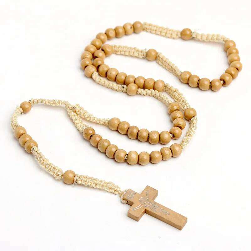 8mm Beads Rosary, Handcrafted Beads, Orthodox Catholic Cross Necklace, Wooden Braided Rope, Spiritual Prayer Gift H260312