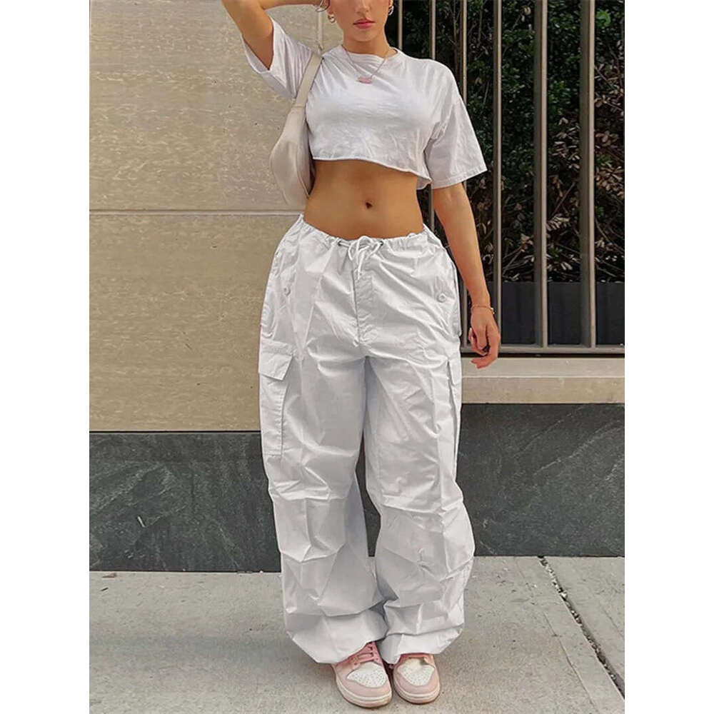 Women's Capris Y2K Pockets Oversized Drawstring Low Waist Parachute Loose Fit Sweatpants Trousers Women Jogger Cargo Pants Streetwear Outfits 221