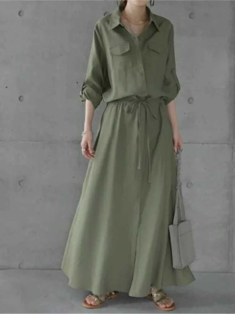 Solid Color Shirts Long Dresses Women Fashion Casual Lapel Long Sleeve Drawstring Elastic Waist Dress Female Commuting ClothingT260314