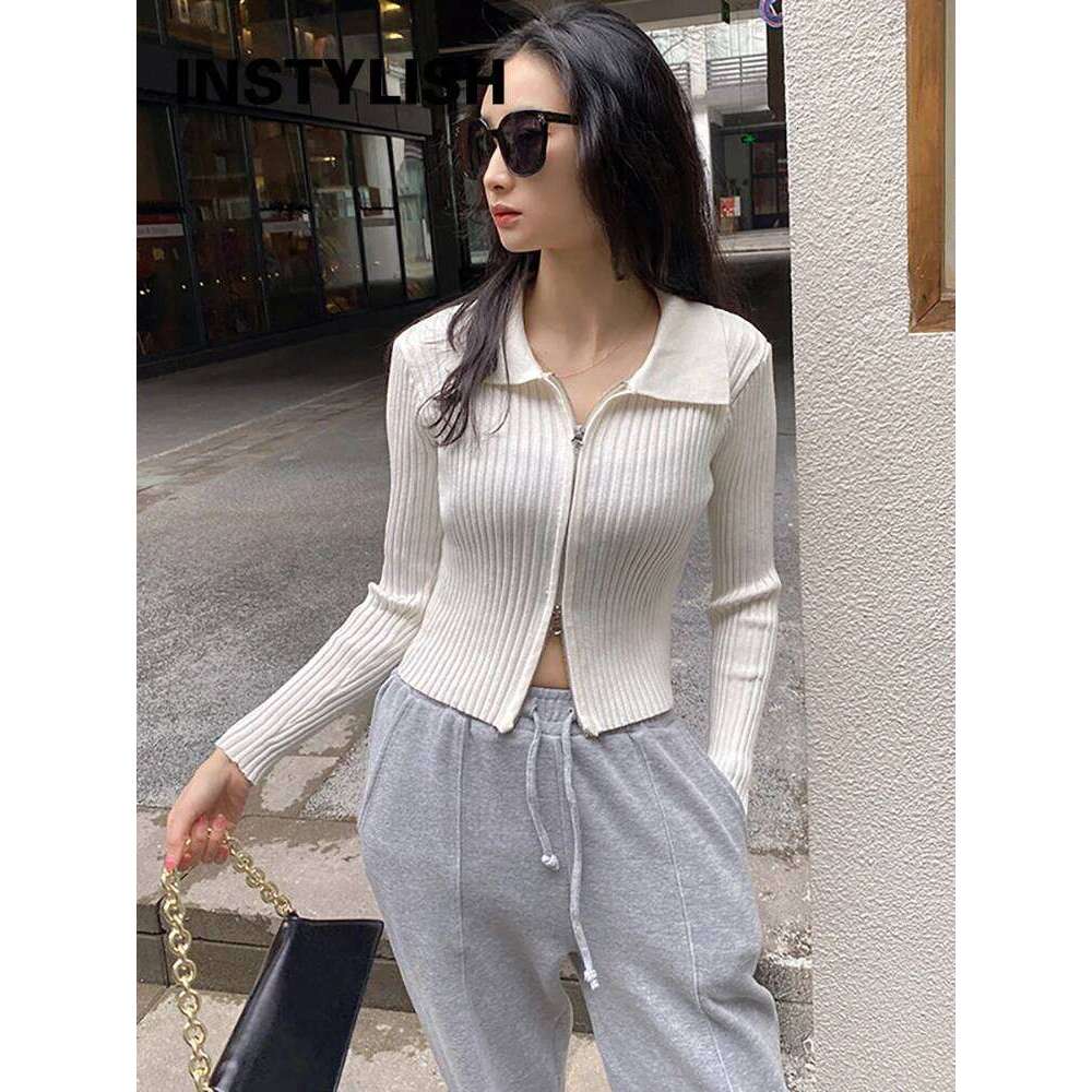 Elegant Korean Knitted Sweater Sexy Lapel Zipper Up Cardigan Women Vintage Harajuku Slim Coat Casual Ribbed Knit Cropped Tops Z260313
