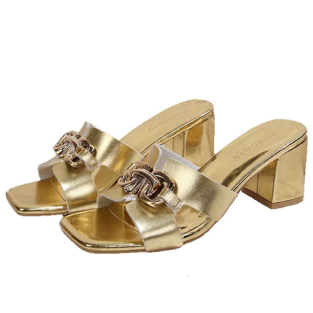 French Style Mid-heel Slippers Open Square Toe Sandals for Women 2026 New Summer Model with Metal Chunky Heel Slippers for Women