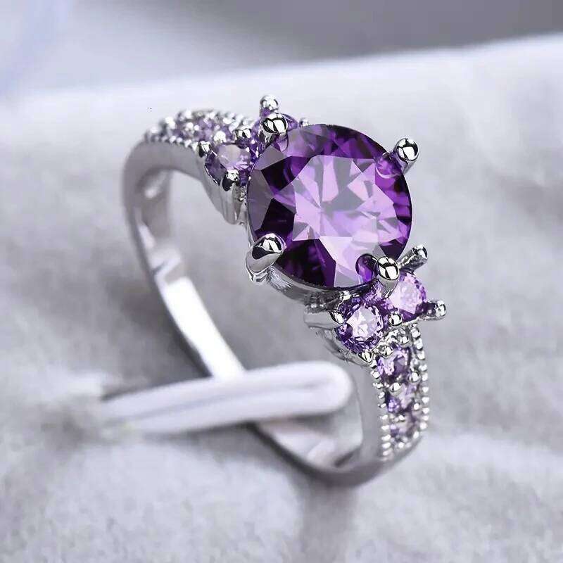 Huitan Trendy Round Purple Zirconia Finger Ring Femal Engagement Jewelry Charming Wedding Bands Fashion Silver Color Accessories H260312