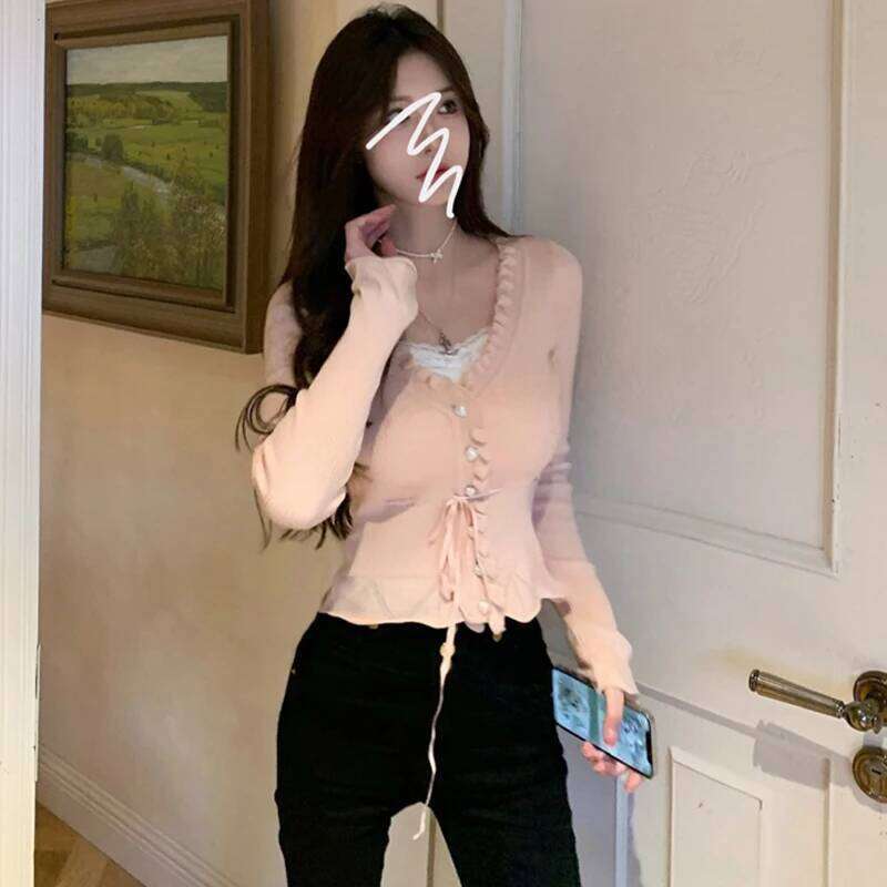 Sweet Ruffles Knitted Sweater Women Korean Fashion Hotsweet Skinny Cardigan Female Lace Patchwork Drawstring Fake Two Pieces Top Z260314