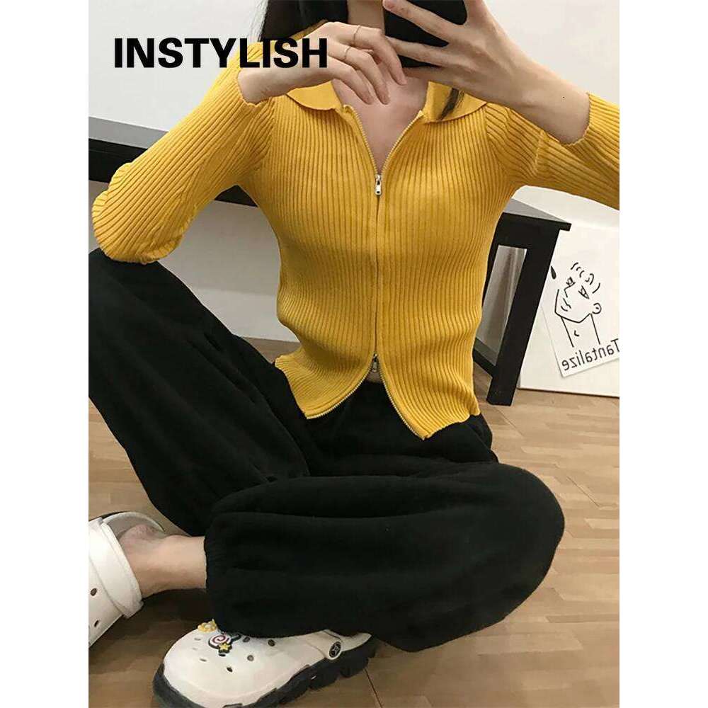 Elegant Korean Knitted Sweater Sexy Lapel Zipper Up Cardigan Women Vintage Harajuku Slim Coat Casual Ribbed Knit Cropped Tops Z260313