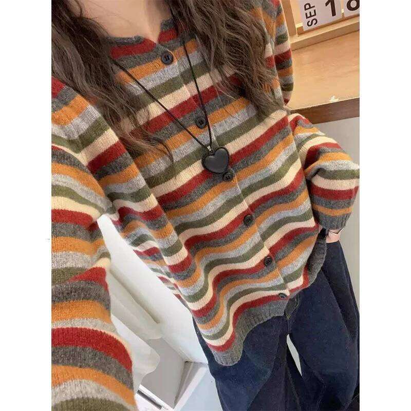 Round Neck Long Sleeve Color Striped Knitted Cardigan for Women in Autumn New and Fashionable Sweater Jacket Z260313