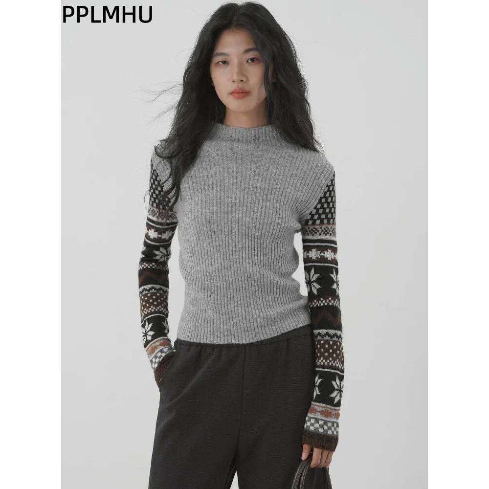 Vintage Jacquard Half High Collar Sweater Women's Casual Slim Tops Knitted Pullovers Long Sleeved Spliced Knitwear Sueter Z260313