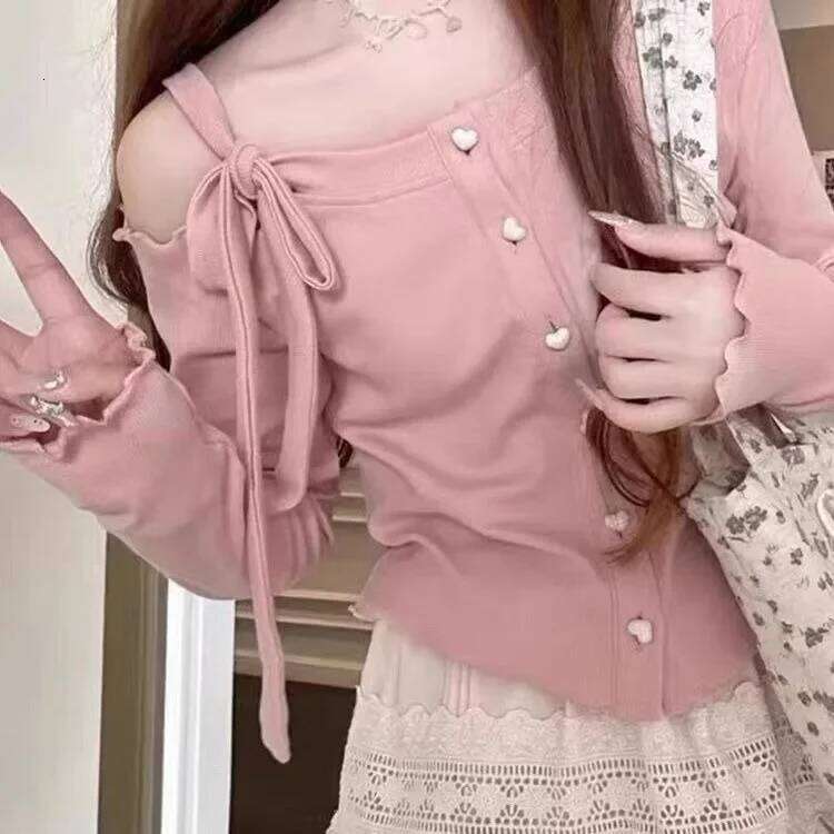Fashion Sweet Off Shoulder Bow Lace Up Sweaters 2025 New Slim Fit Pink Tops Women Y2k Grunge Long Sleeve Cardigan Mujer Z260313