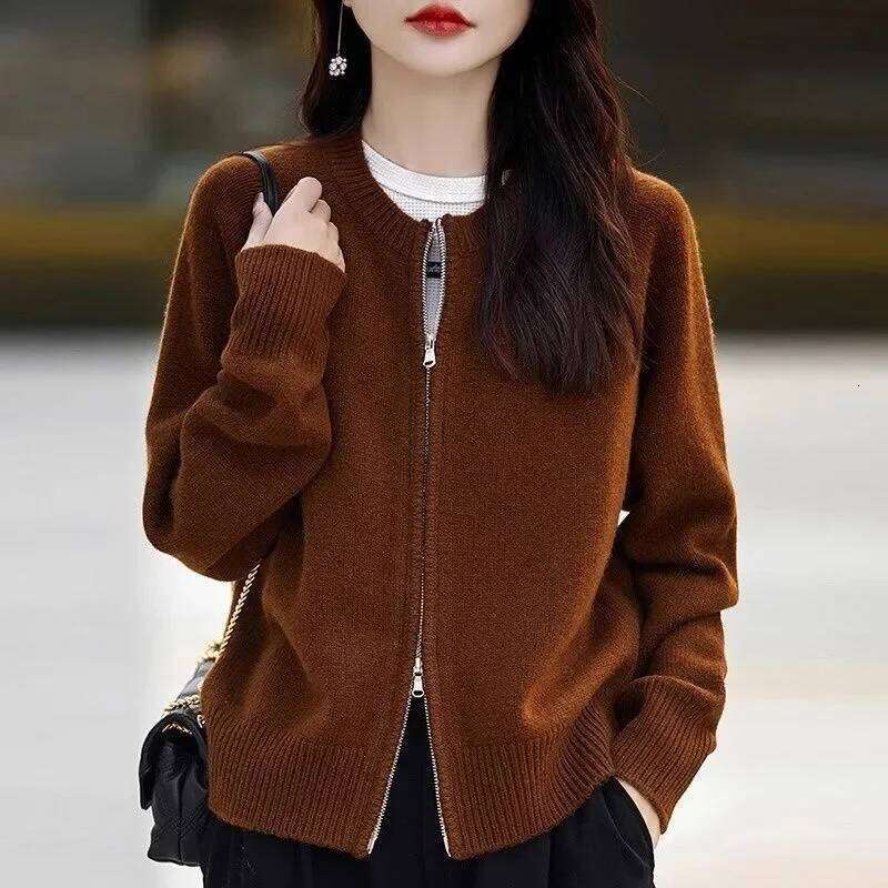 Knit Women Cardigan Casual Full Sleeve Zipper O Neck Pleated Solid Lady Sweater 2025 Autumn Fashion Female Knitwear Z260313