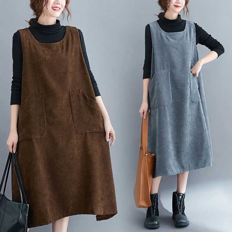 Retro Corduroy Gored Skirt Dr Womens Autumn Winter Artistic plus Size Loose Belly Covering Midi Length DrT260314