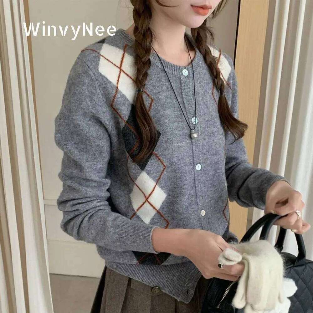 WinvyNee Women's Merino Wool Cardigans Long Sleeve Sweaters O Neck Argyle British Casual Knitted Winter Cropped Coats B1523040 Z260314
