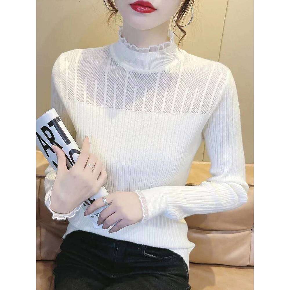 Lace Mock Neck Women Sweater Sexy See-through Knitwear Pullovers Jumper Autumn Winter Solid Soft Long Sleeve Sweaters Female Top Z260313