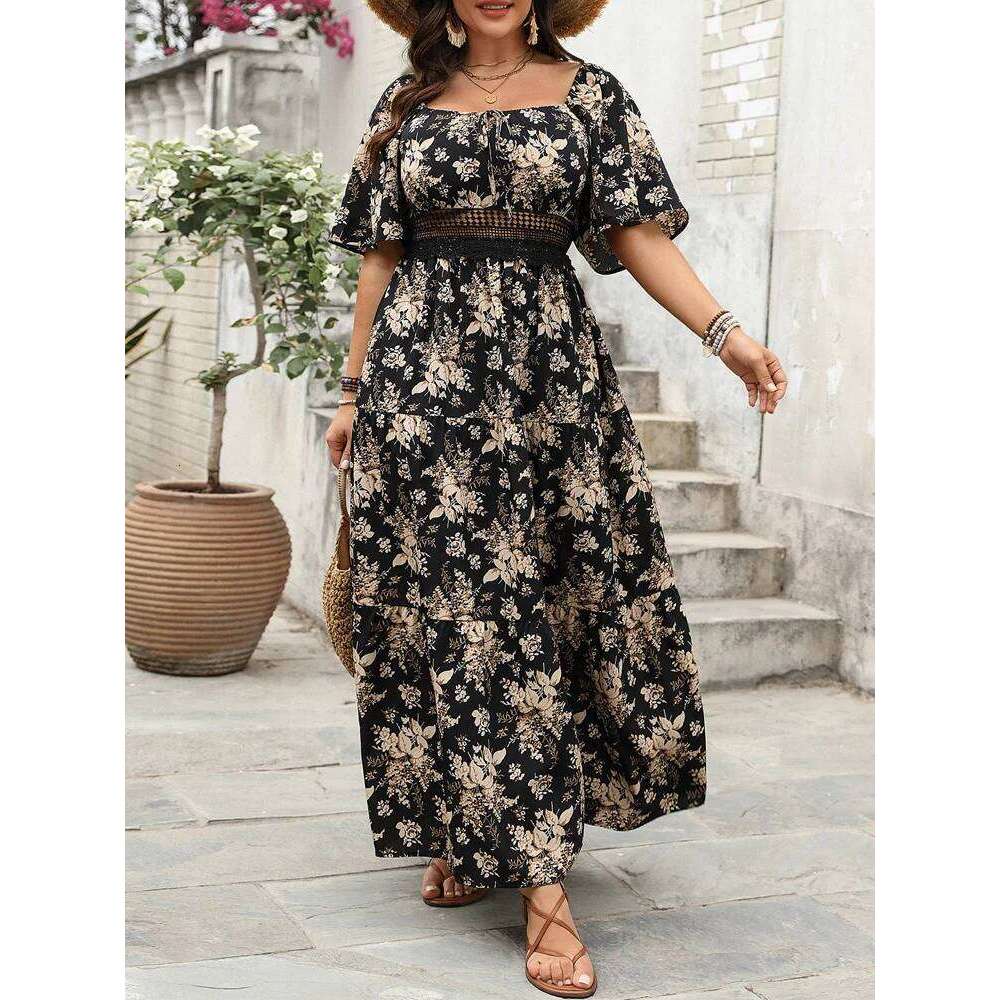 GIBSIE Plus Size Square Neck Floral Print Maxi Dress Women Summer 2025 Knot Front Hollow Out Boho Vacation Big Swing Dresses