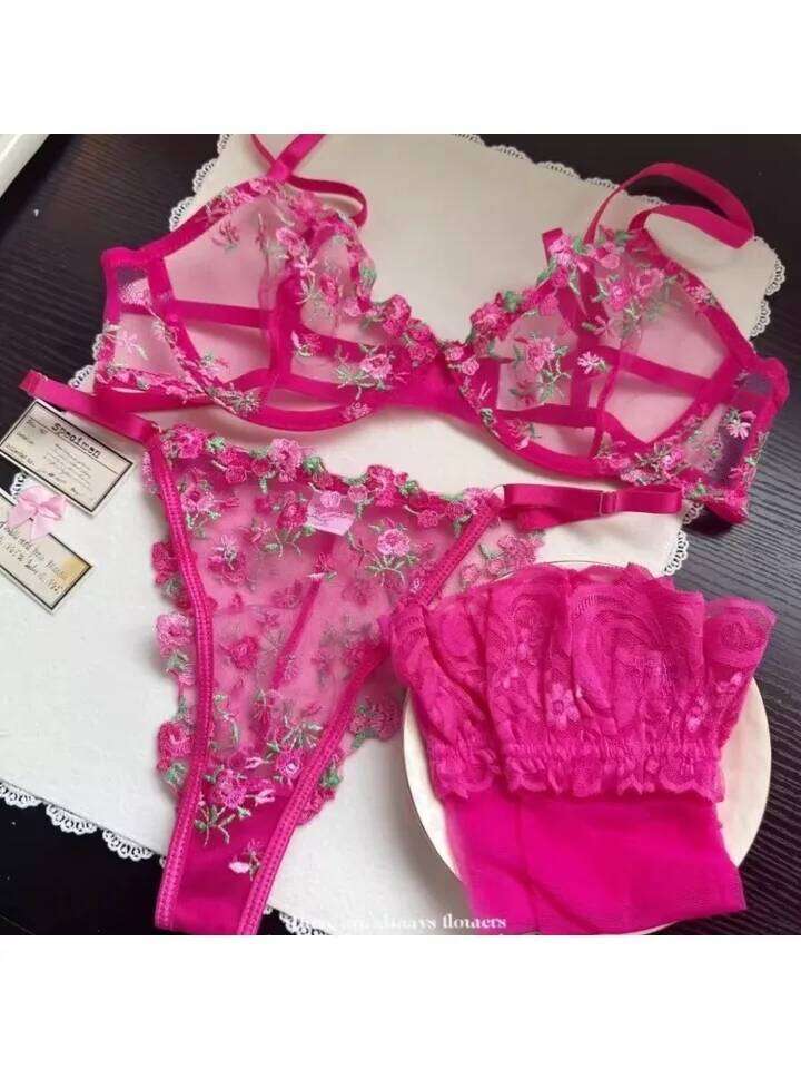 Sexy Lingerie Set - Pink French Lace Bra|G-stringFloral Embroidery Women's Underwear,Sweet Push Up Bra Set,Valentine's Day Gift