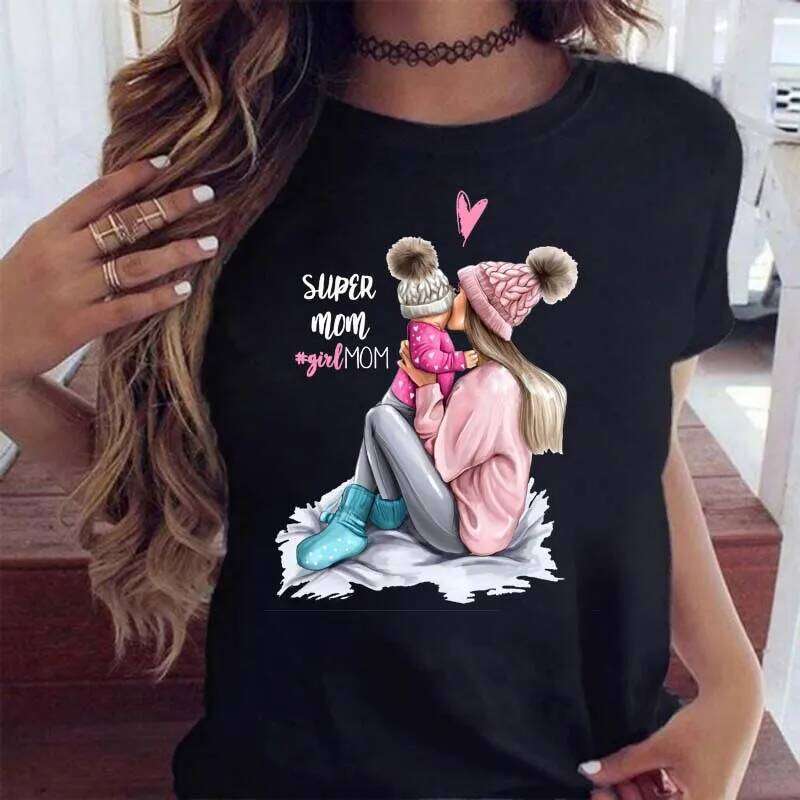 Maycaur Women Cartoon Mom Boy Girl Print Mother Lady T-shirts Casual Top T Shirt Ladies Womens Graphic Female Tee T-Shirt Z260314