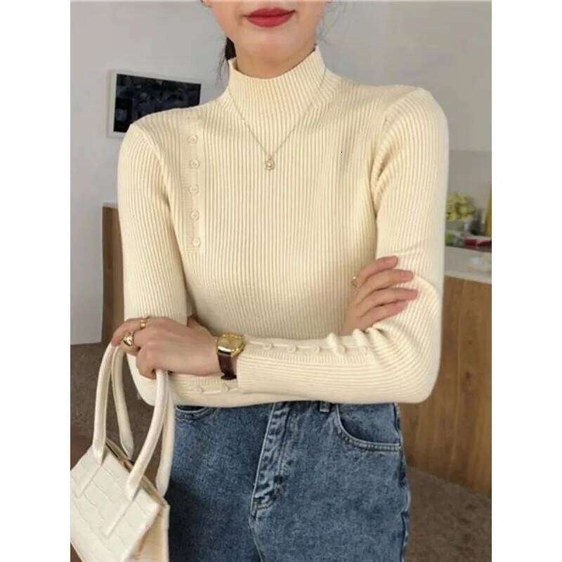 Women Knitted Sweater Long Sleeve Button Turtleneck Slim Pullovers for Autumn Winter Female Sweaters Soft Warm Bottoming Tops Z260314