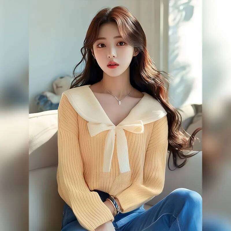 Lapel Bow Soft Sweater Knitted Pullover 2024 Early Autumn New Office Lady Gentle Long-sleeved Versatile Commuter Top Z260313