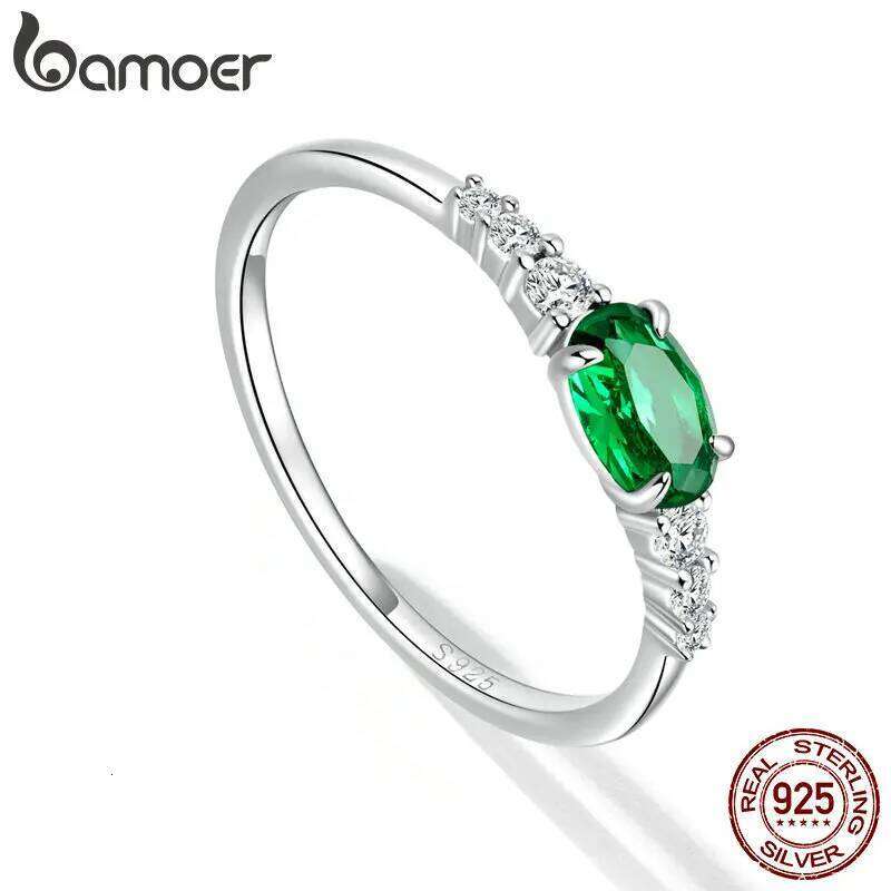 BAMOER 925 Sterling Silver Oval Gemstone for Women Green Pink Zirconium Prongs Setting Ring Wedding Bridal Jewelry Gift H260312