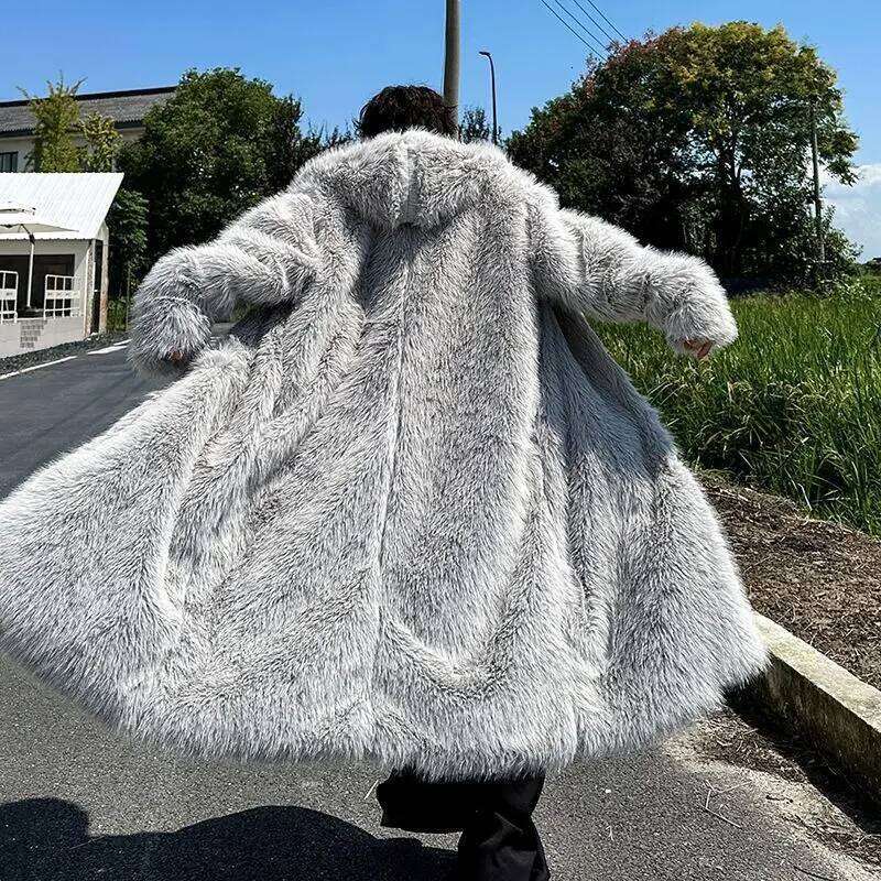 Faux Fur Coats Men Casual Hooded Jackets Solid Round Neck Full Sleeve Longline Loose Fit Single Bteasted Thick Warm 2025 Winter Z260313