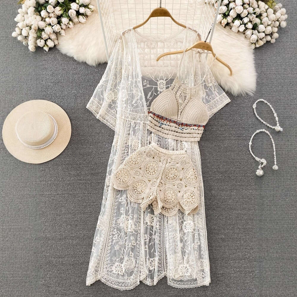 2026 Designer Seaside Vacation Fashion Set Lace Embroidery Medium length Sunscreen cardigan Tank Top Wide Leg Shorts