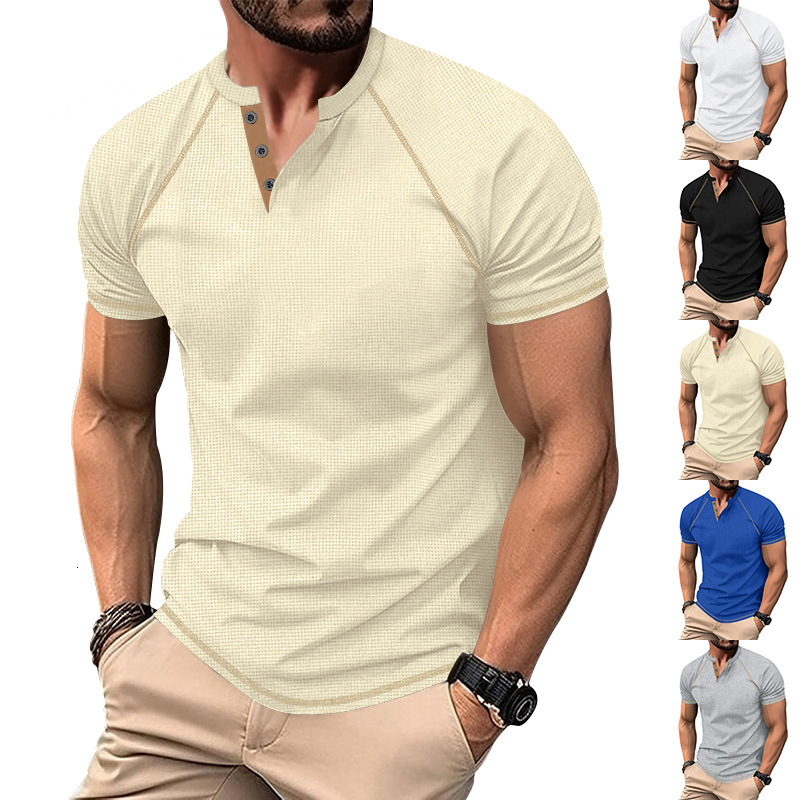 Clearance Stock European Size Summer Men's Casual Round-neck Waffle Raglan Designer Hoodie Short-sleeve Polo Designer Shirt Henley T-shirt