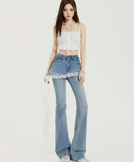 Women Korean Slim Design Lace Patchwork Harajuku Y2K Denim Flare Pants 2000s Kpop Bell-Bottom Long Trousers Gyaru Abi Jean New Z260313
