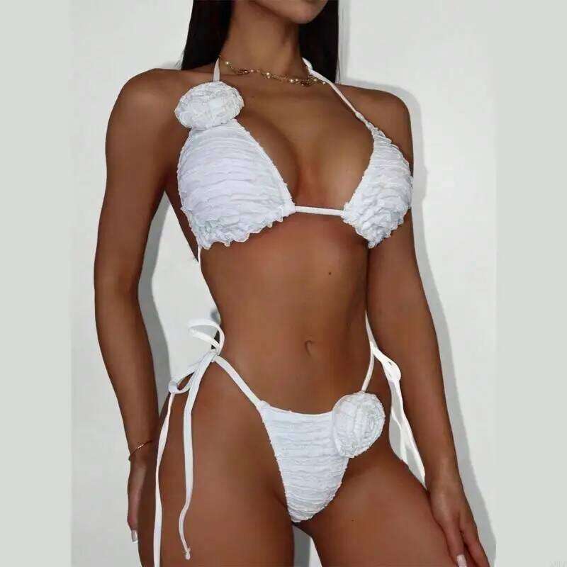 X9FF Women Two Piece Triangular Swimsuit Set Flower Halterneck Thong Swimming Costume Y260303