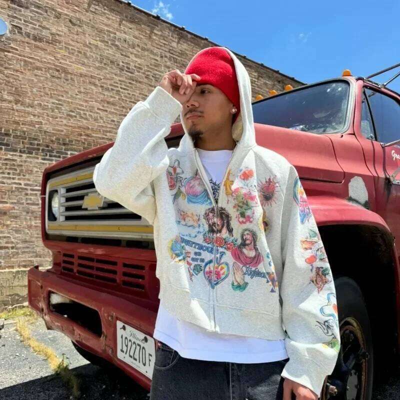 Street clothing retro pattern printed loose fitting Gothic rock Harajuku men and women sportswear zippered hoodie 26Y0313