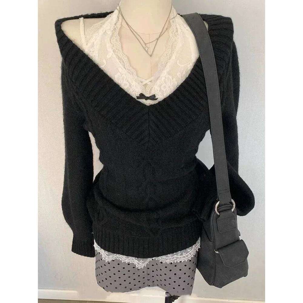 Fashion Simple V-neck Black Slim Waist Sweaters Y2k Long Sleeve Knitted Pullover Z260313