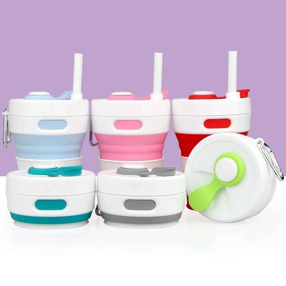 450ml/15oz Silicone Folding with Straw Lid and Carabiner Coffee Cup Suitable for Camping Picnic Travel Mountaineering Z260314