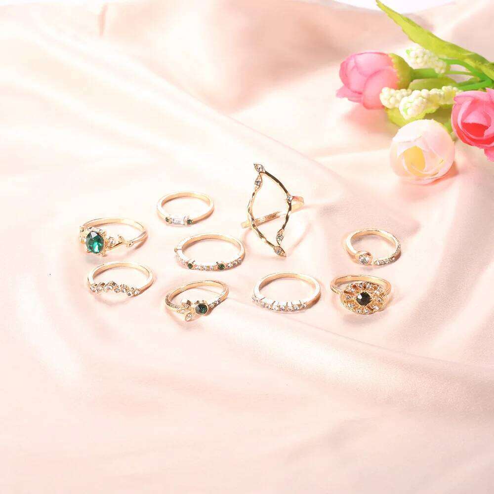 Fashion Green Crystal Knuckle Finger Rings Set For Women Geometric Female Wedding Ring Trendy Jewelry H260312