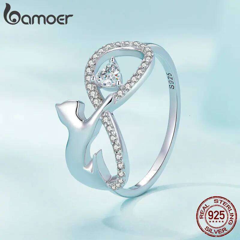 Bamoer 925 Sterling Silver Cute Cat Finger Infinite Symbol Ring for Women Birthday Gift Pave Setting CZ Fine Jewelry SCR918 H260312