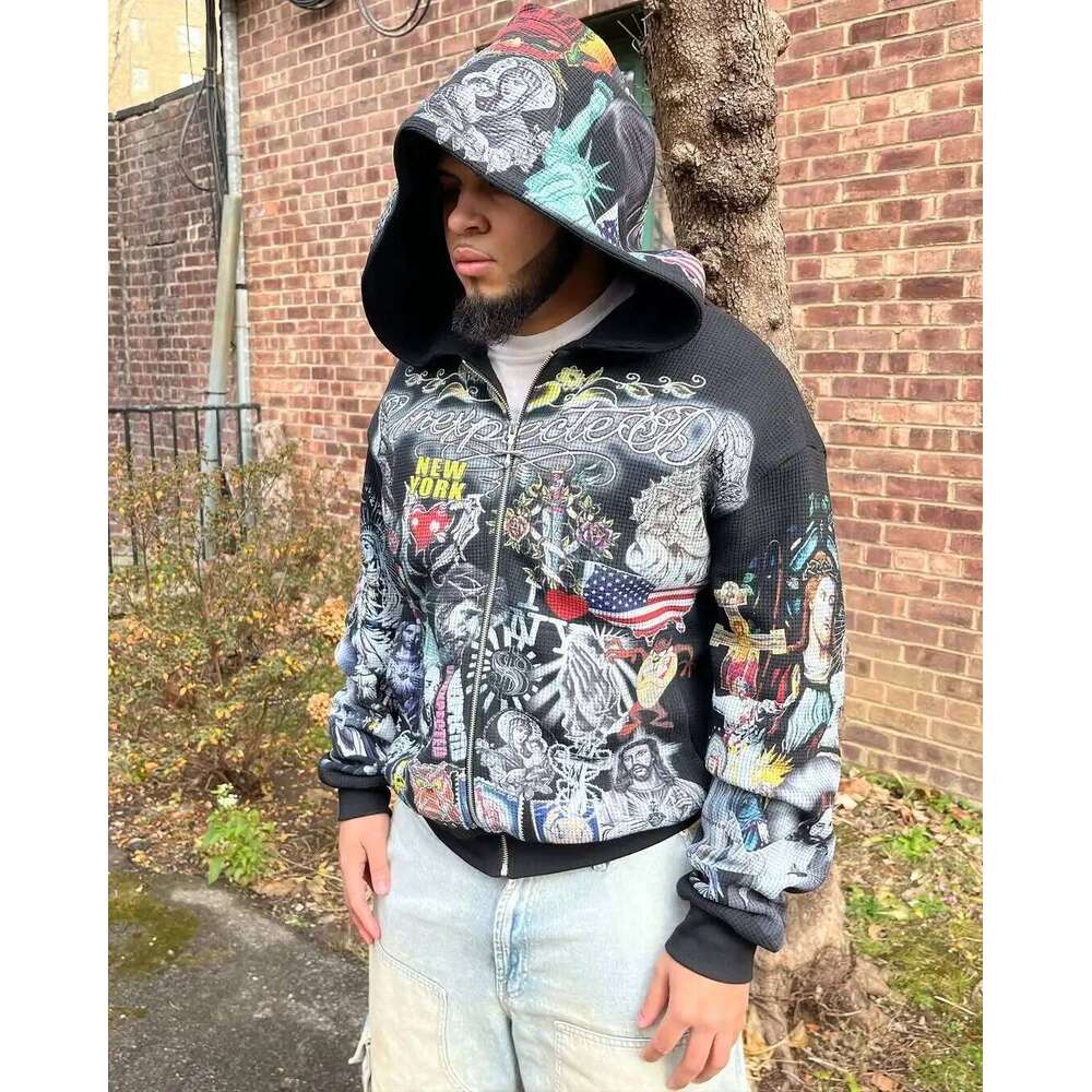 Punk Style Mens Zipper Multi Pattern Gothic Waffle Outerwear Street Fashion Loose Large Size Hooded Sweatshirt Z260315