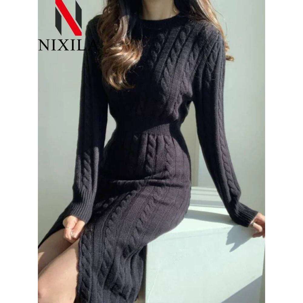 Spring Autumn Women Knitted Tops Pullover Skirt V-neck Long Sleeves Slim Sweater Dress Fashion Elegant Female Clothing Z260314