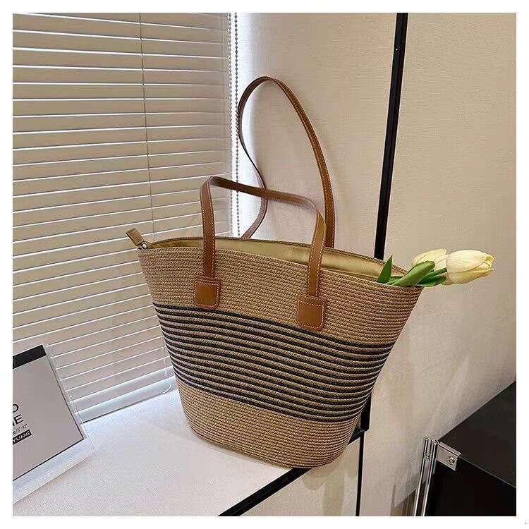 Pastoral Style Woven Women's Casual Versatile Beach New Trendy Fashion Striped Shoulder Underarm Straw Bag