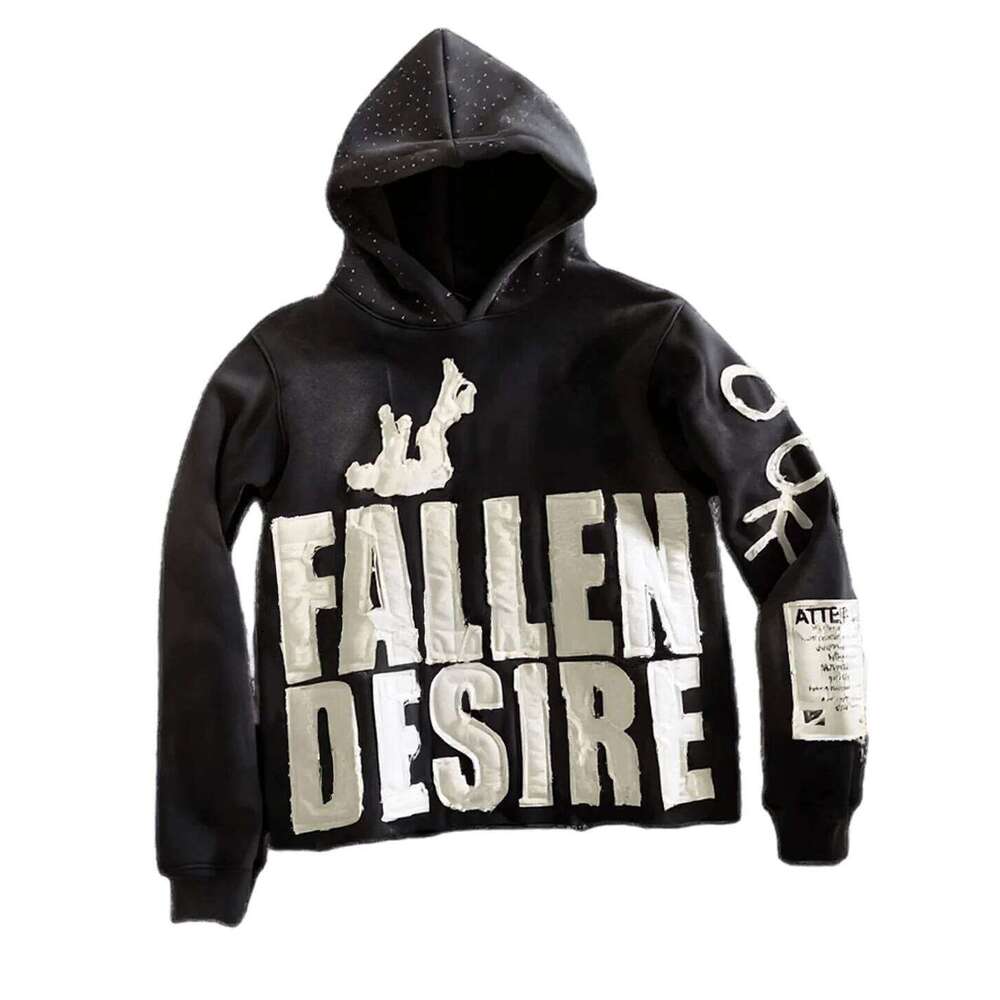 Harajuku Y2K Hip Hop Streetwear Casual for Women FALLEN DESIRE Applique Hoodie Pullover Sweatshirt Z260314