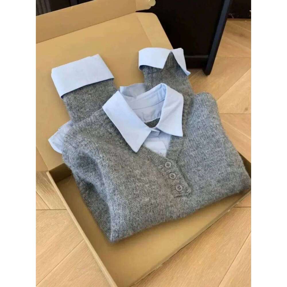 Women's New Style Grey Blue Contrast Sweater Fake Two Piece Stacked Spring Autumn Korean Turn-down Collar Design Knitted Top Z260313