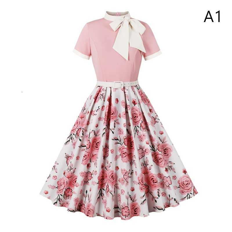 Polka Dot/Floral Prints Vintage Dress 50 60s Womens Summer Mid-length Dress with Bow Cocktail Party Swing Skirt Retro Waist FitT260314