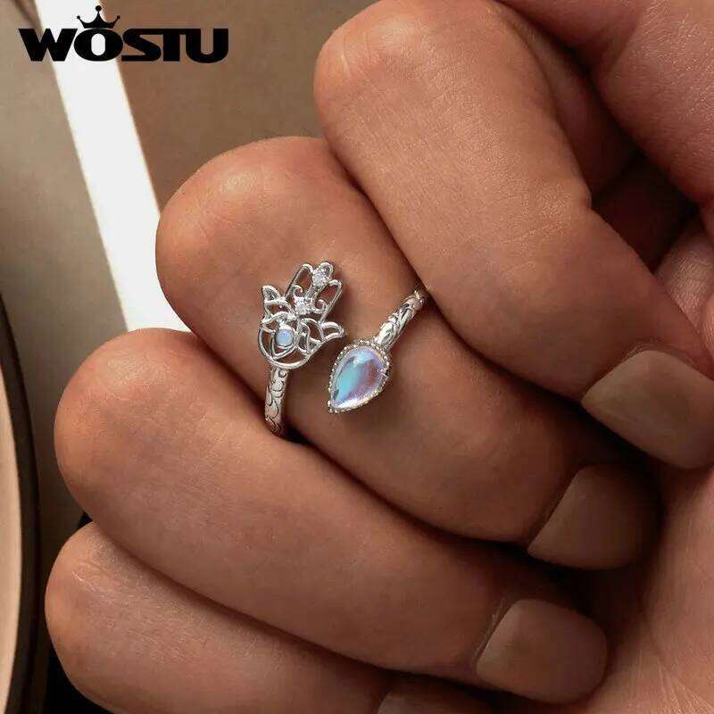 WOSTU Open 925 Sterling Silver Hamsa Hand Lucky Ring with Floral Patterns and Moonstone for Women Happiness Protection Gift H260312