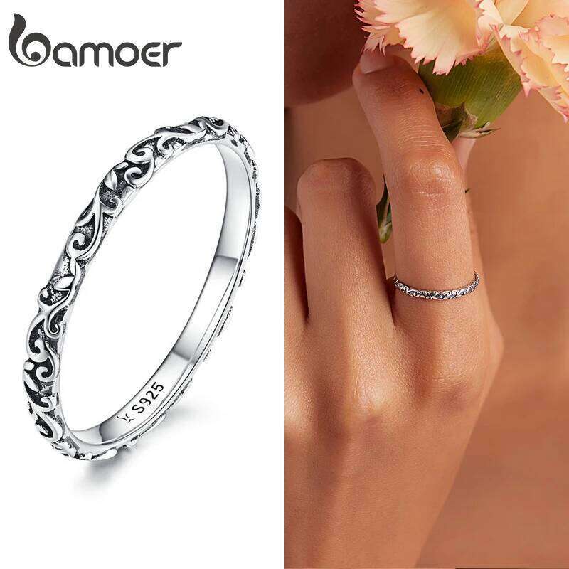 BAMOER 925 Sterling Silver Vintage Embossed Vine Pattern Band for Women, Stackable Engraved Iris Ring Minimalist Daily Gift H260312